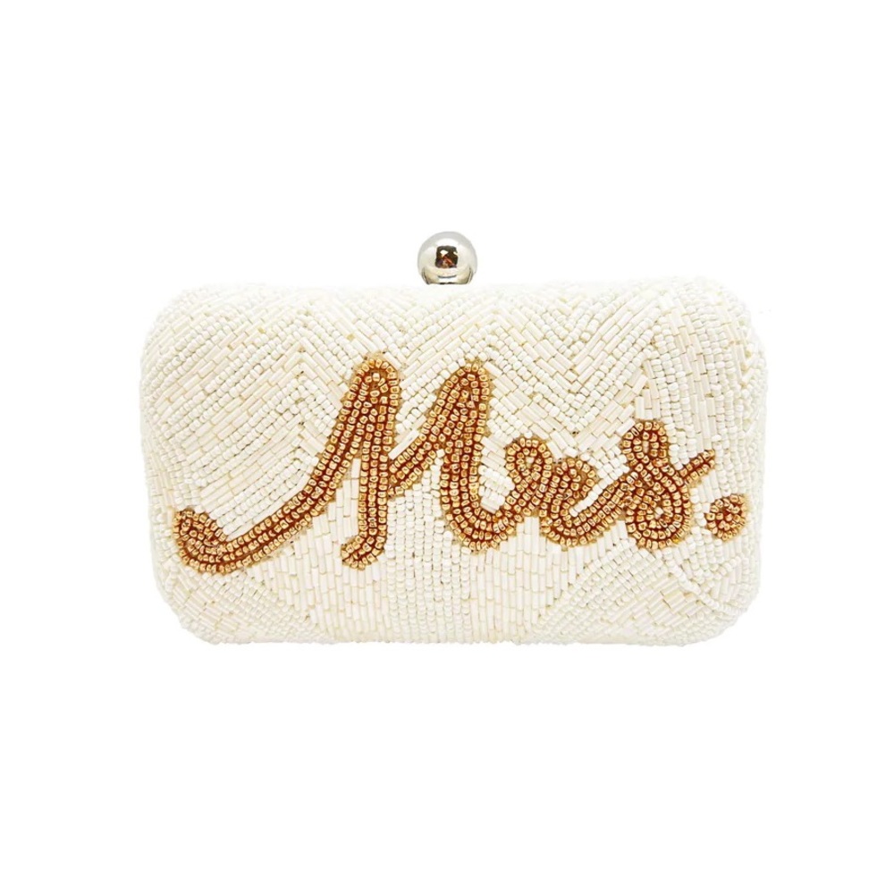 12th Tribe Ivory Beaded 'Mes.' Clutch with Gold Script
